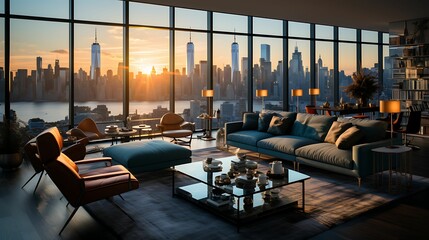 A modern, luxurious apartment interior showcasing a living room with a view of the city skyline