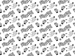 seamless black and white doodle pattern with winter clothes. Bobble hat, mittens and scarf