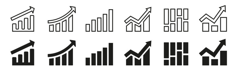 Growth graph icon collection. Growing up symbols. Business chart with arrow. Growth chart, profit, growth success symbol set