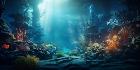 Under the sea wallpapers and images, A scene from the underwater world of the sea, Game concept An underwater scene of a castle, generative Ai