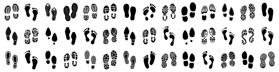 Set of human footprints icon. Foot imprint, footsteps icon collection. Human footprints silhouette. Barefoot, sneaker and shoes footstep icons - obrazy, fototapety, plakaty