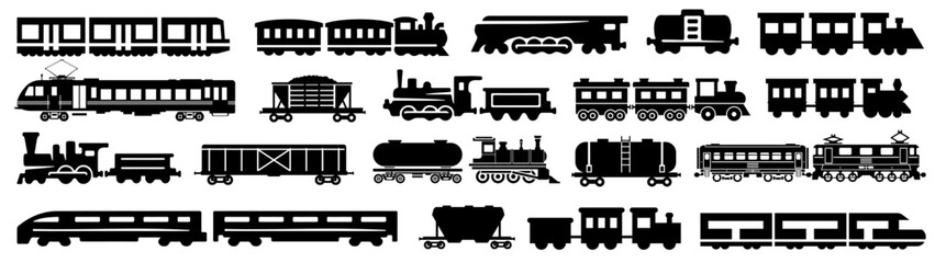 Freight train with locomotive, passenger train icons collection. Black silhouette of freight trains collection. Set of railway transport. Black wagon and locomotive - obrazy, fototapety, plakaty