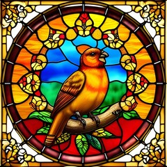Cute fantastic stained glass bird with golden fall season colors including shades of orange, brown, yellow and gold