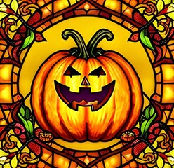 Fantastic stained glass Halloween pumpkin with golden fall season colors including shades of orange, brown, yellow and gold