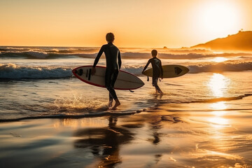 Two school boy surfers going for water surfing