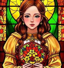 Stained glass girl with golden fall season colors including shades of orange, brown, yellow and gold