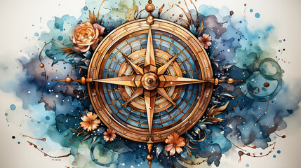 Fototapeta na wymiar Watercolor compass clip art, white isolated background, space out