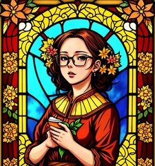 Stained glass teacher girl with golden fall season colors including shades of orange, brown, yellow and gold
