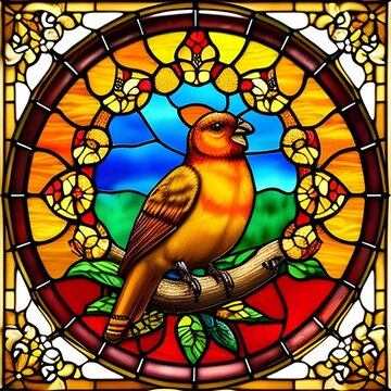 Cute fantastic stained glass bird with golden fall season colors including shades of orange, brown, yellow and gold