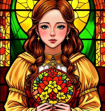 Stained glass girl with golden fall season colors including shades of orange, brown, yellow and gold
