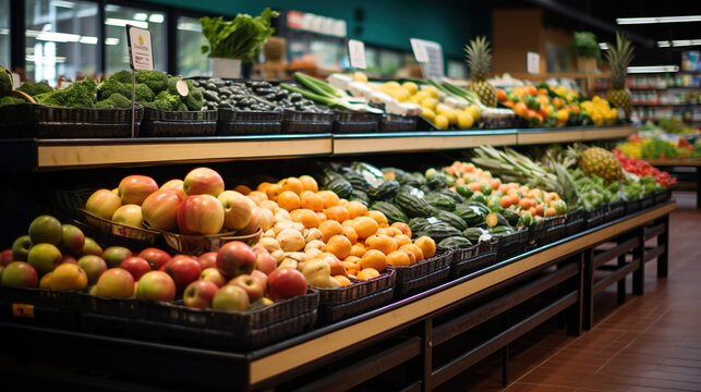 wide angle view of supermarket store interior with fresh fruits and vegetables on display,