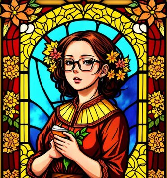 Stained glass teacher girl with golden fall season colors including shades of orange, brown, yellow and gold