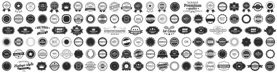 Big set of black premium quality badges. Premium quality, guaranteed, certified sticker tag collection. Vintage black badge label for marketing. Retro stamp collection - obrazy, fototapety, plakaty