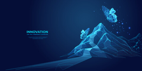 Fototapety  Abstract butterflies fly over digital mountains. Business success concept. Technology innovation metaphor. Futuristic low poly wireframe vector illustration on a dark blue background. Way to the top.