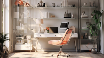 Contemporary furnished home office, comfortable office, workspace with desk and chair, stylish interior design