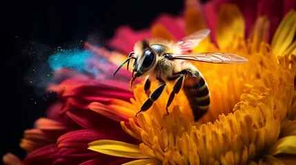 Küchenrückwand glas motiv a bee collecting pollen from a brilliantly colored flower, emphasizing the crucial role of these insects in pollinating our world © ishtiaaq