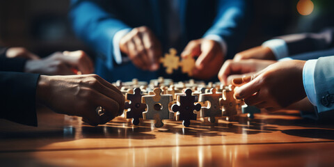 Businessman hold jigsaw puzzle pieces with teamwork icon. - obrazy, fototapety, plakaty
