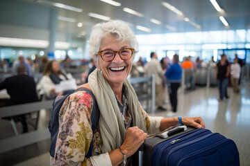 very happy old woman at airport terminal .