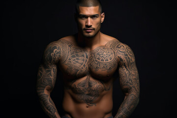 Confident man with muscular body tattooed on black background. - obrazy, fototapety, plakaty