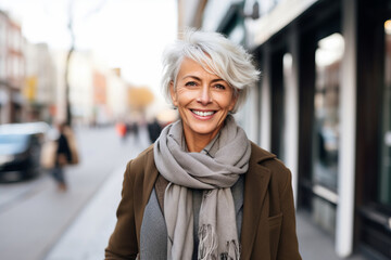 Happy attractive mature woman in the city .
