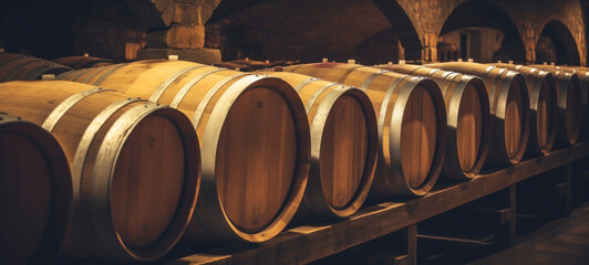 Oak wine barrels in old dark wine cellar Stacks of cognac, brandy, beer, whiskey barrels are made in a warehouse, An underground cellar for the wine aging process. Perfect for deliciously aging wine