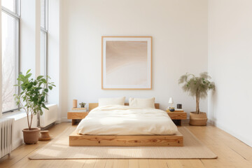 A minimalist bedroom with a simple, low platform bed with white linens, a single piece of art hanging on the wall, a small wooden side table, large windows that let in a lot of natural light