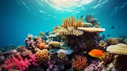 Fotobehang a coral reef, highlighting the symbiotic relationship between coral polyps and photosynthetic protists © ishtiaaq