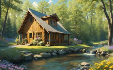 Fototapeta na wymiar A painting of a House in the woods. Beautiful picture of house and water lake.