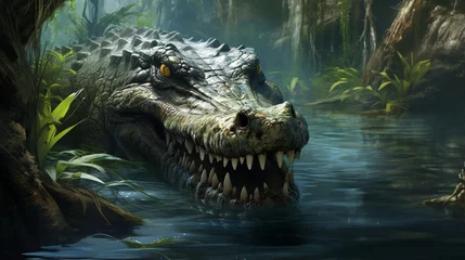 Fotobehang a crocodile lurking beneath the surface of a serene river, its powerful presence hidden beneath the water's edge © ishtiaaq