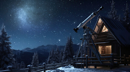 winter mountain landscape with telescope - obrazy, fototapety, plakaty