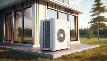 Air source heat pump installed in residential building of modern house illustration, Ai generated image