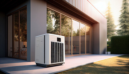 Air source heat pump installed in residential building of modern house illustration, Ai generated image