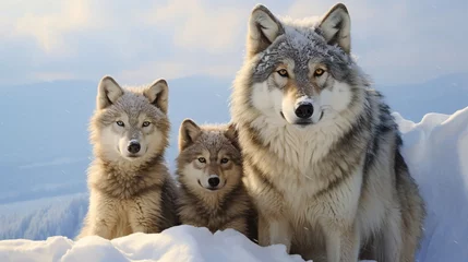 Keuken spatwand met foto a family of wolves on a snowy tundra, emphasizing their strong social bonds © ishtiaaq