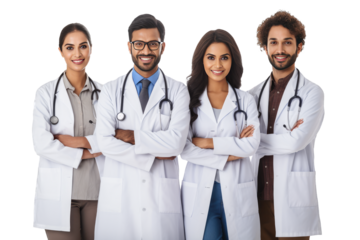  young Multi Ethnic group of doctors team of 4 smiling with arms crossed standing together wearing a white coat on transparent background