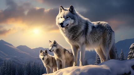 a family of wolves on a snowy tundra, emphasizing their strong social bonds