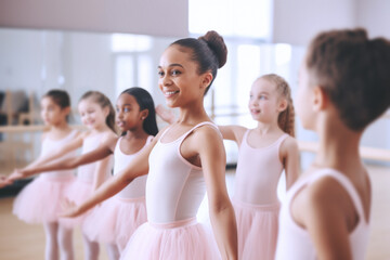 A group of children from different races and ethnicities practice ballet after school in their...