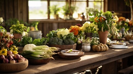 a farm-to-table dining experience, with a rustic wooden table adorned with freshly harvested vegetables as decor