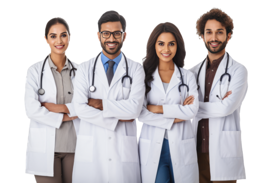  young Multi Ethnic group of doctors team of 4 smiling with arms crossed standing together wearing a white coat on transparent background
