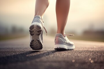 Naklejka premium woman with sport shoes run on asphalt road close up