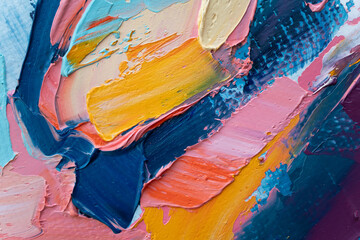 Closeup of abstract rough colorful art painting texture, with oil brushstroke, pallet knife paint on canvas, complementary colors.
