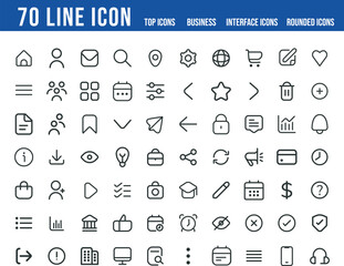Pack of 70 outlined user interface icons for web and mobile
