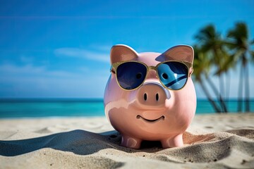 Fototapeta na wymiar smiling piggy bank with sunglasses relax on the beach
