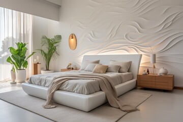 The interior of the white bedroom is decorated in a modern home style with contemporary furniture