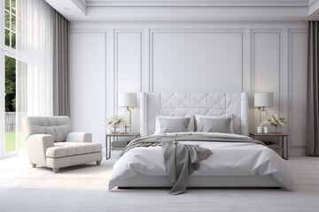 The interior of the white bedroom is decorated in a modern home style with contemporary furniture