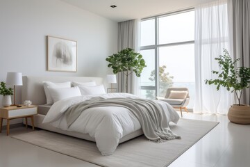 Fototapeta na wymiar The interior of the white bedroom is decorated in a modern home style with contemporary furniture