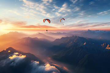 paragliding adventure flying with friends on mountain background at sunset