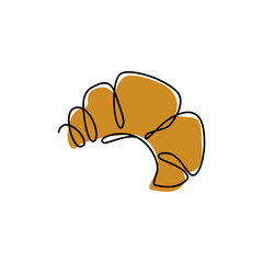 Croissant continuous one line drawing. Vector linear illustration made of single line. Minimalistic design for logo, card, menu design. Food illustration.
