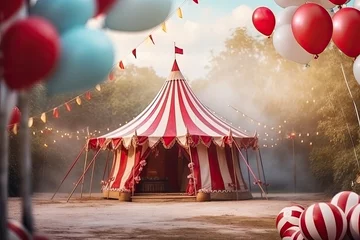 Papier Peint photo Camping Circus tent with floating balloons in the day background