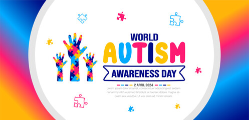 World autism awareness day people raising hands background template celebrated in 2 April. use to banner, card, greeting card, poster, book cover, placard, frame, social media post banner template.