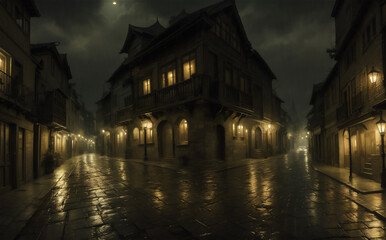 Fototapeta na wymiar dark mystery cobbled street old city